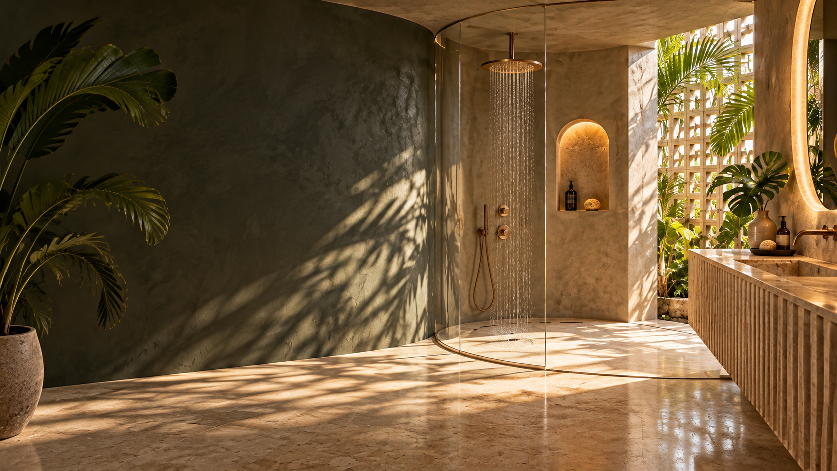 Exotic South Florida bathroom with a curved glass shower, warm stone, and tropical light