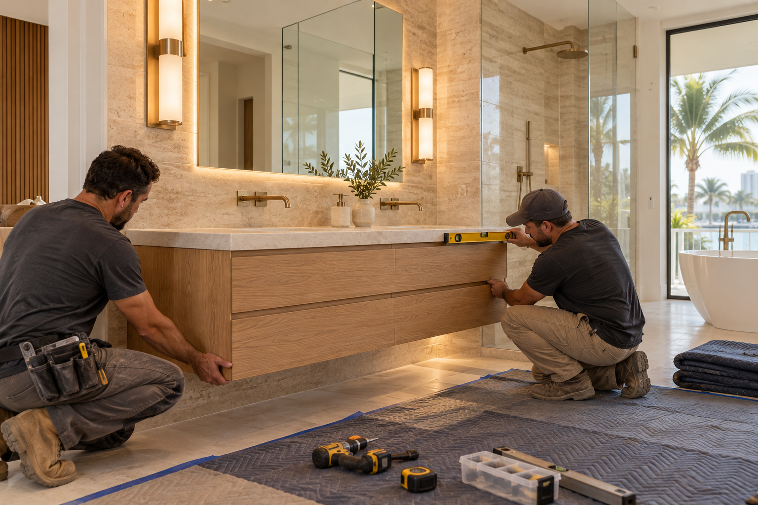 Bathroom remodeling workers carefully installing a floating vanity
